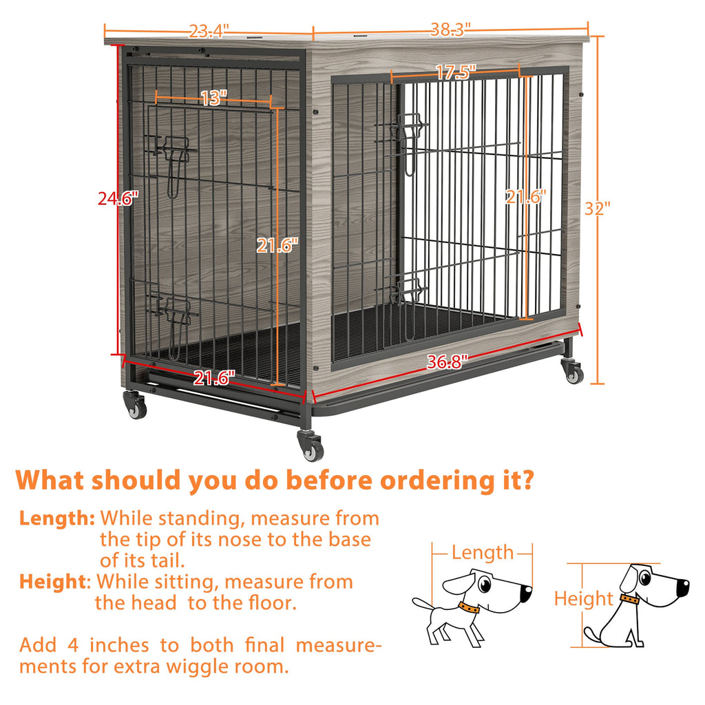 Dog Crate Furniture , 38'' Heavy Duty Wooden Dog Kennel with Double Doors & Flip-Top for Large Dogs, Furniture Style Dog Crate End Table with Wheels, Grey 38.3"L X 23.4"W X 32"H - petspots