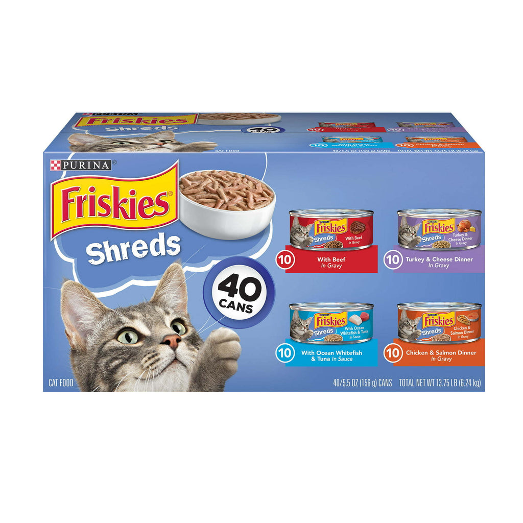 Purina Friskies Shreds Wet Cat Food Variety Pack, 5.5 oz Cans (40 Pack) - petspots