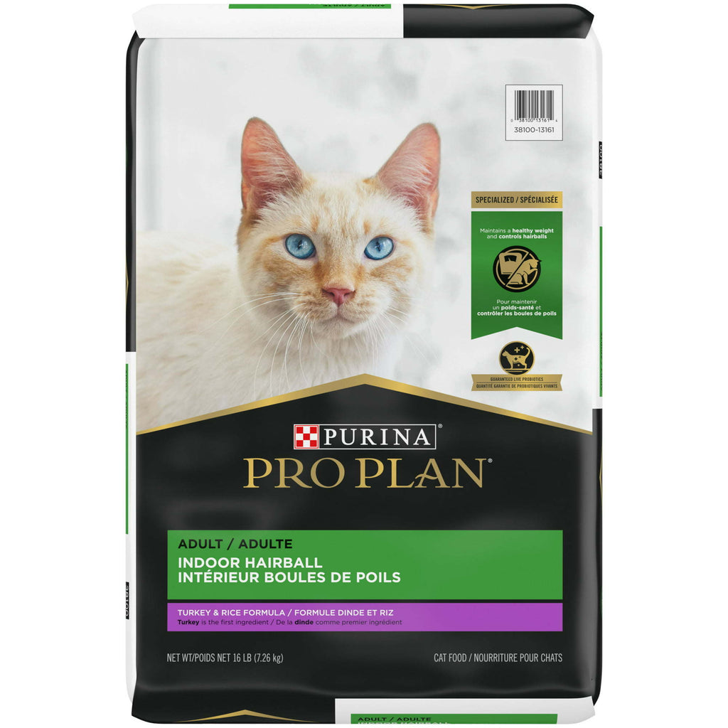 Purina Pro Plan Indoor Hairball Turkey Rice Dry Cat Food, 16 lb Bag - petspots