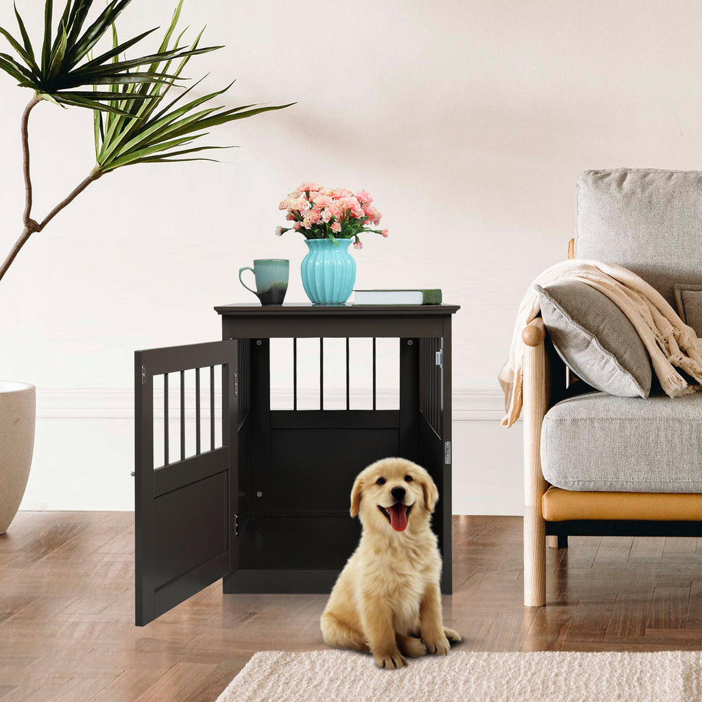 Wood Dog Crate Furniture, End Table Designed Dog Kennel with Side Slats, Brown - petspots