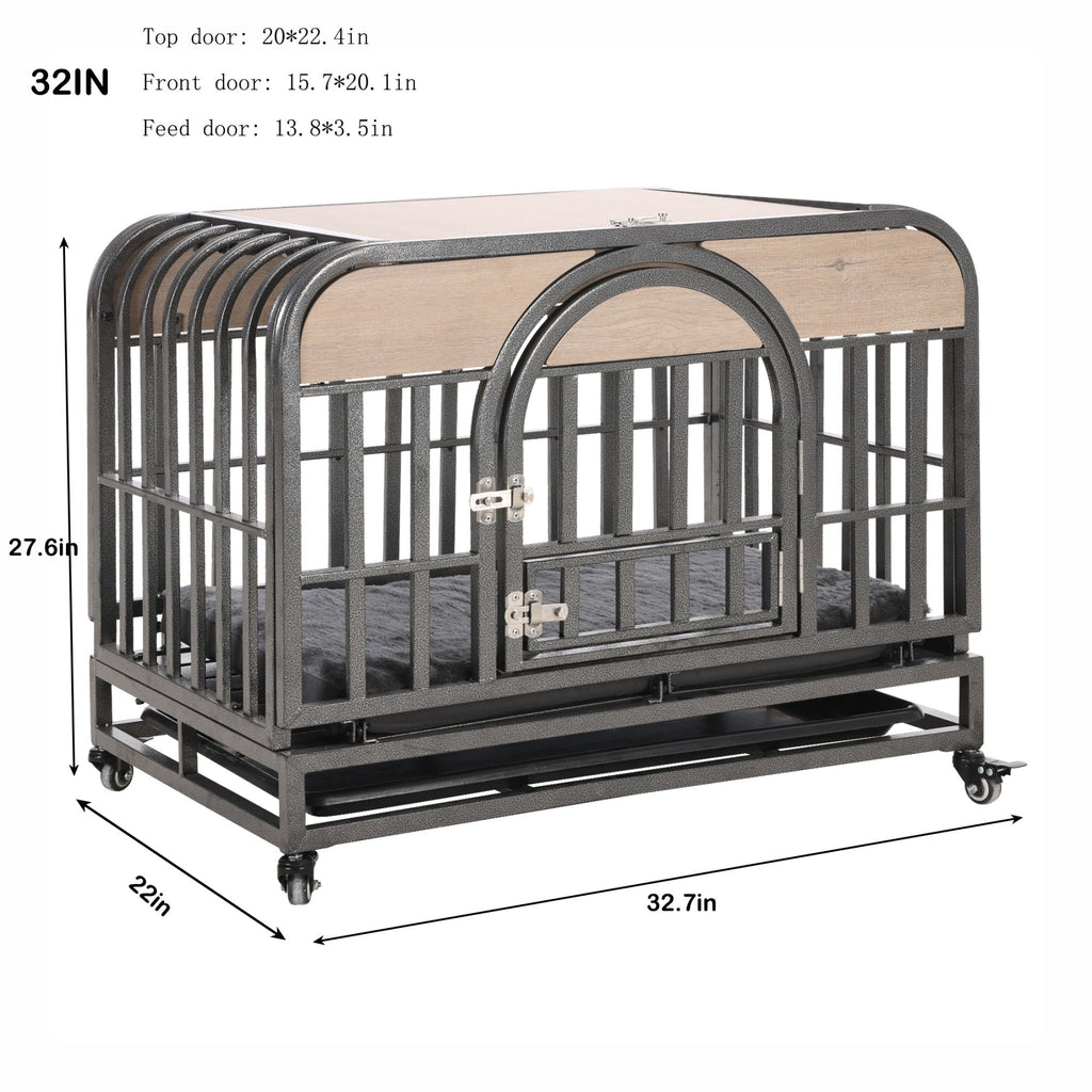 32in Heavy Duty Dog Crate, Furniture Style Dog Crate with Removable Trays and Wheels for High Anxiety Dogs - petspots