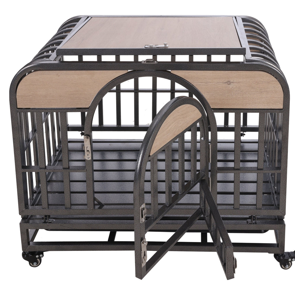 37in Heavy Duty Dog Crate, Furniture Style Dog Crate with Removable Trays and Wheels for High Anxiety Dogs - petspots