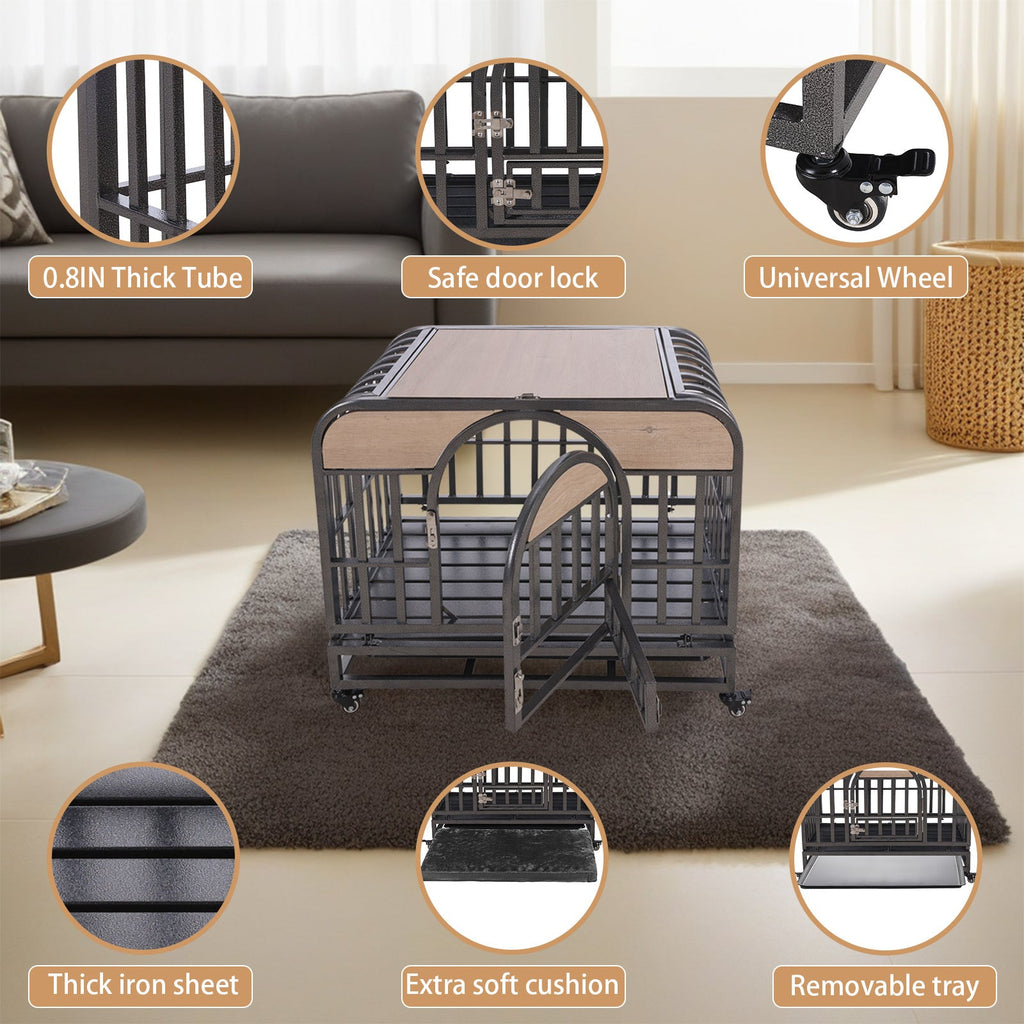 37in Heavy Duty Dog Crate, Furniture Style Dog Crate with Removable Trays and Wheels for High Anxiety Dogs - petspots