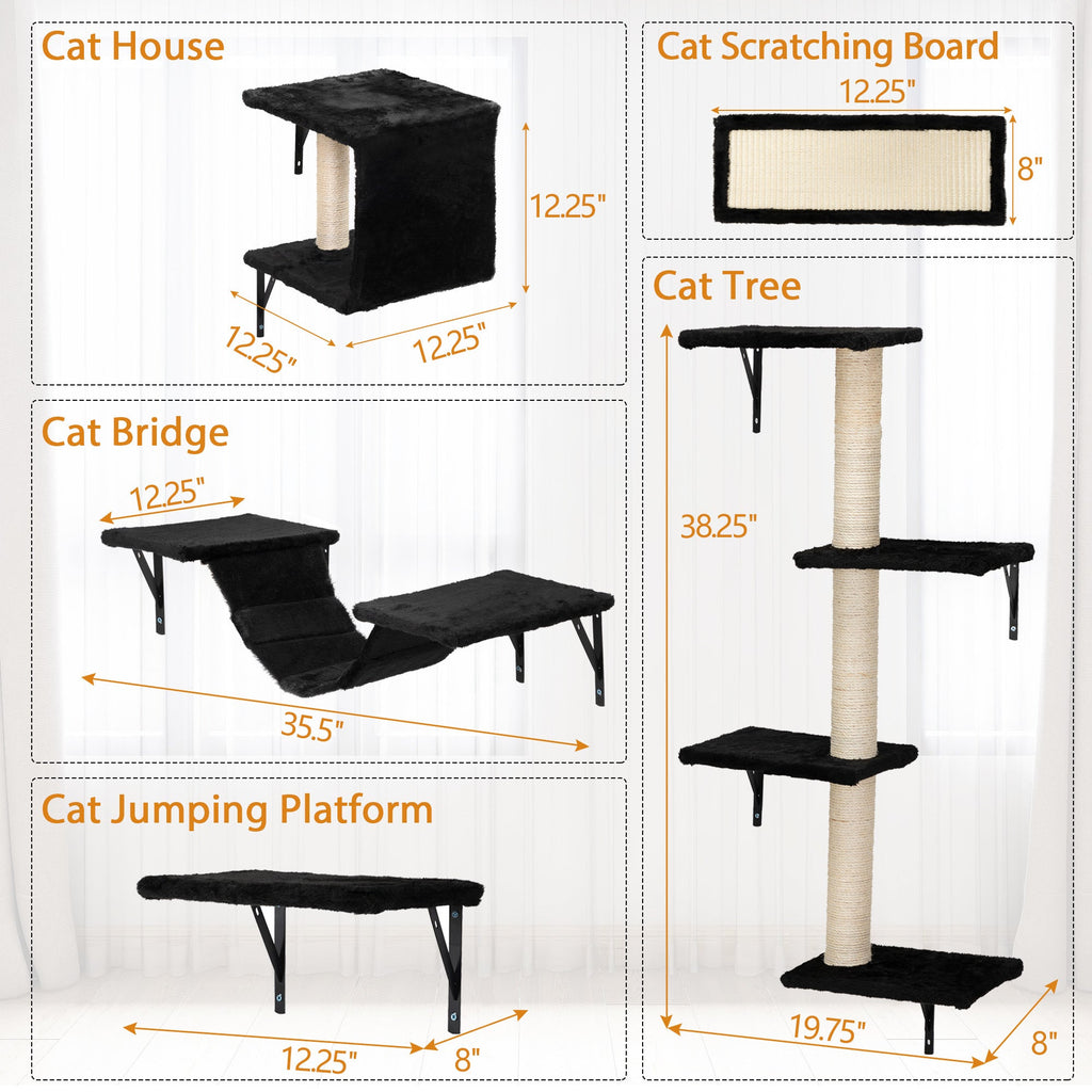 5 Pcs Wall Mounted Cat Climber Set; Floating Cat Shelves and Perches; Cat Activity Tree with Scratching Posts; Modern Cat Furniture - petspots
