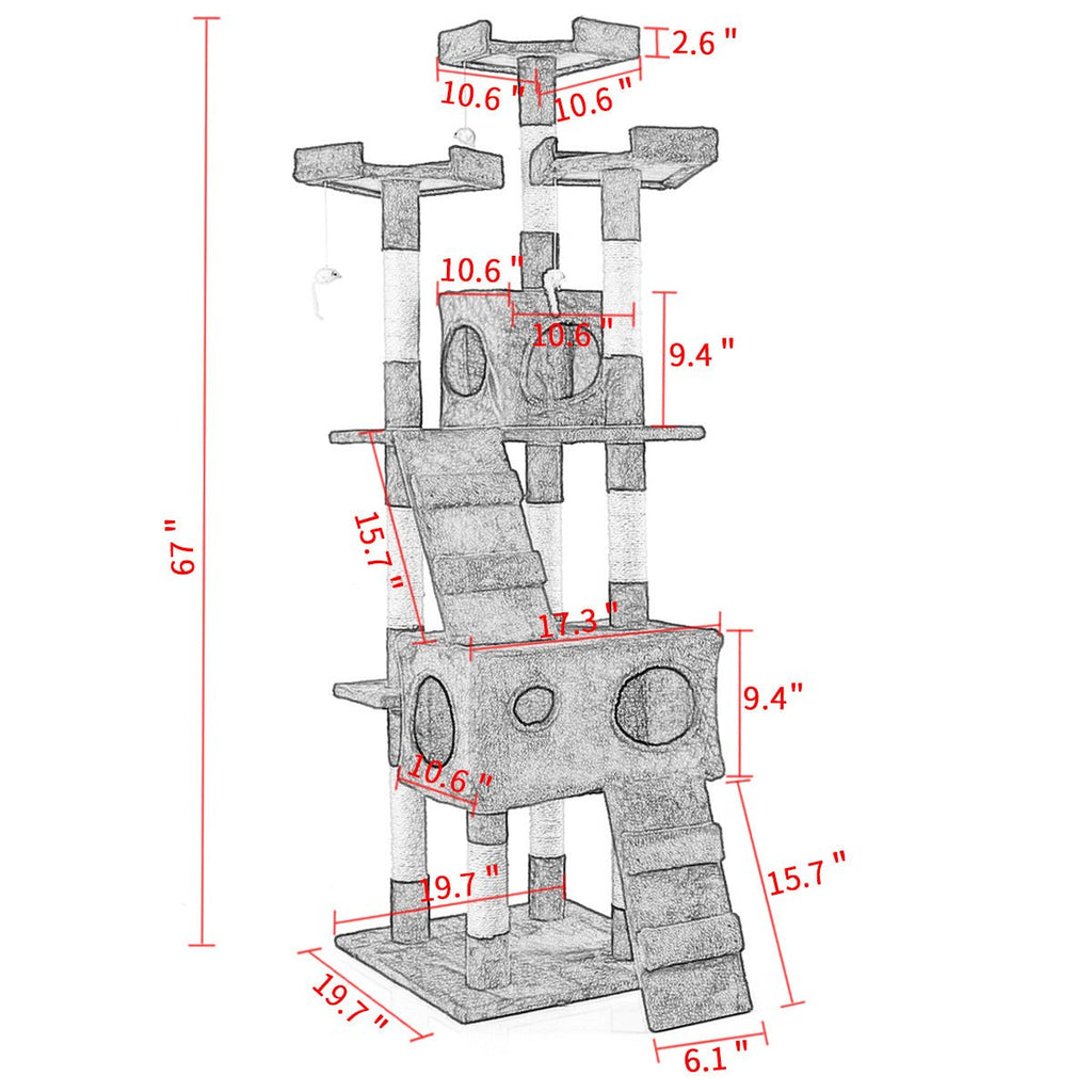 67'' Multi-Level Cat Tree Tower, Kitten Condo House with Scratching Posts, Kitty Play Activity Center, Gray XH - petspots