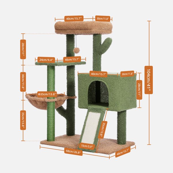 Cactus Cat Tree Cat Tower with Sisal Covered Scratching Post and Cozy Condo Cat Climbing Stand with Plush Perch &Soft Hammock for Indoor Cats(Minimum Retail Price for US: USD 79.99) - petspots