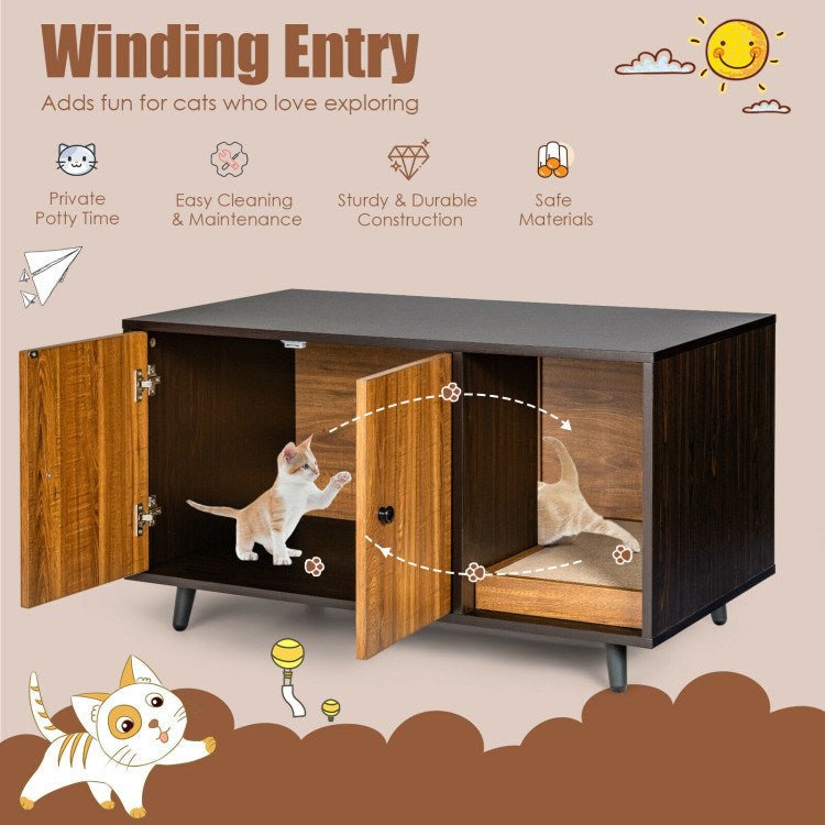 Cat Litter Box Enclosure with Divider and Double Doors - petspots