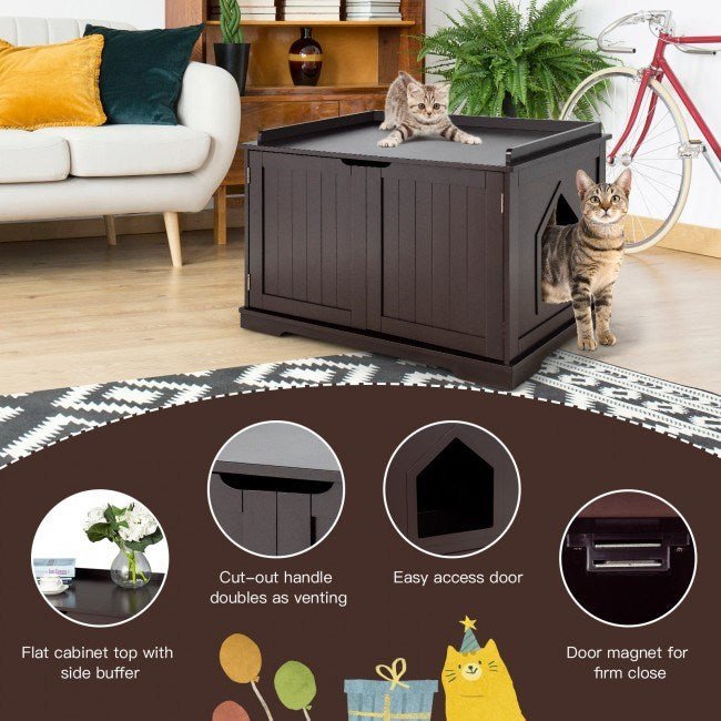 Cat Litter Box Enclosure with Double Doors for Large Cat and Kitty - petspots