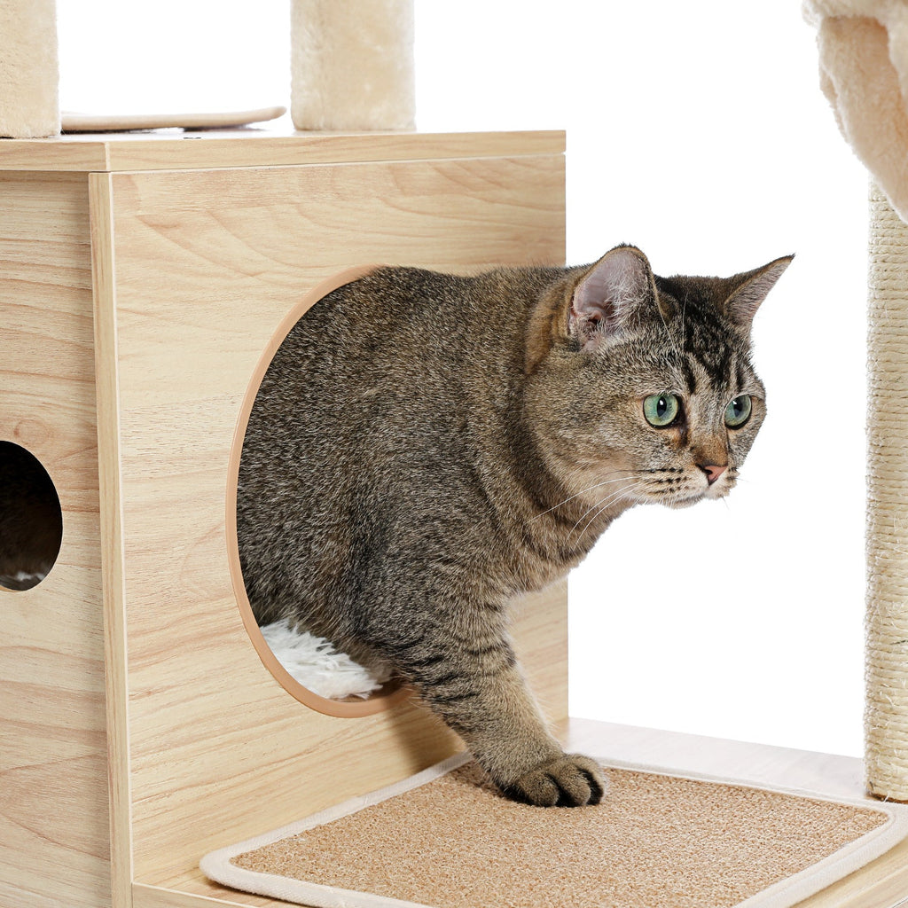 (Do Not Sell on Amazon) Modern Luxury Cat Tree Wooden Multi-Level Cat Tower Cat Sky Castle With 2 Cozy Condos; Cozy Perch; Spacious Hammock And Interactive Dangling Ball - petspots
