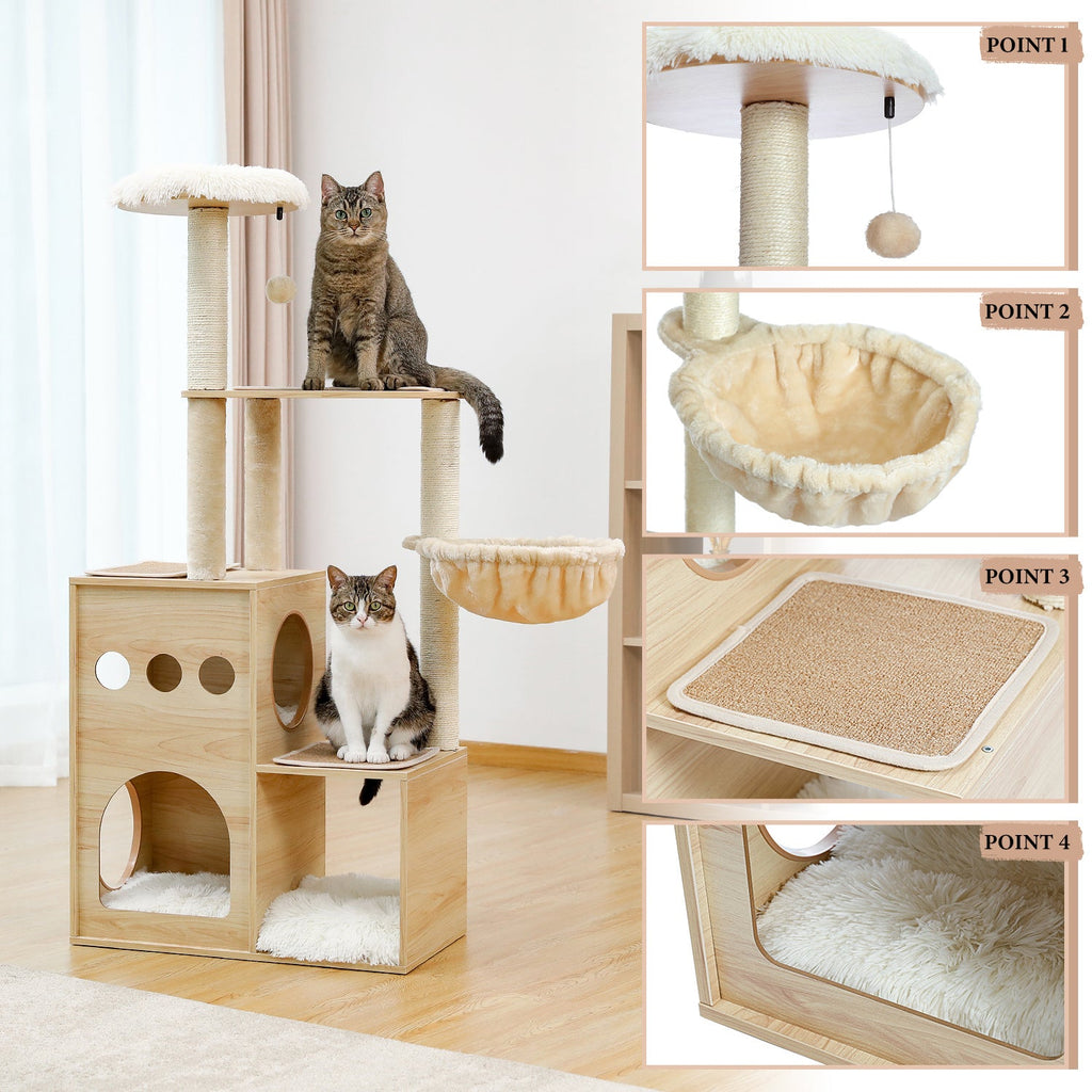 (Do Not Sell on Amazon) Modern Luxury Cat Tree Wooden Multi-Level Cat Tower Cat Sky Castle With 2 Cozy Condos; Cozy Perch; Spacious Hammock And Interactive Dangling Ball - petspots