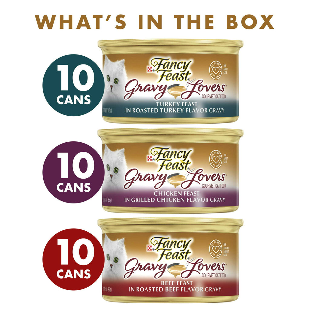 Fancy Feast Gravy Wet Cat Food Variety Pack, 3 oz Cans (30 Pack) - petspots