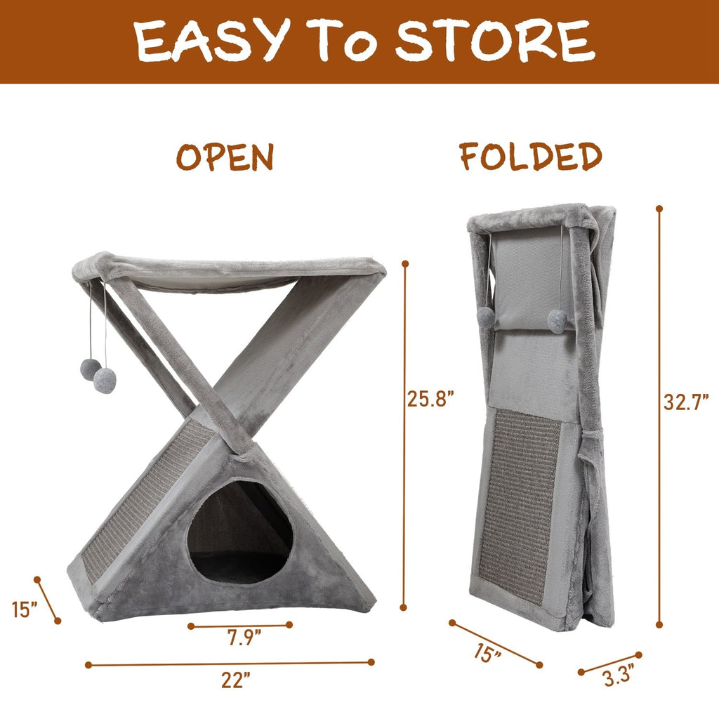 Folding Cat Tower Tree, 2-Tier Pet House with Scratching Pad, Cat Nest Hammock for Small to Middle Kitten - Gray - petspots