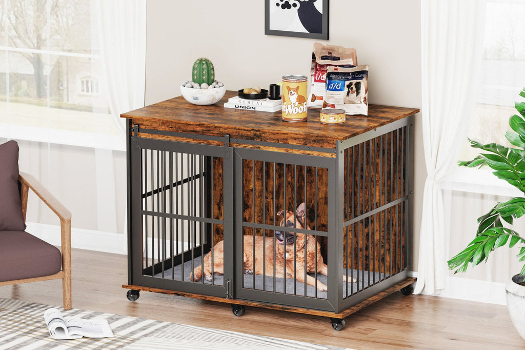 Furniture dog crate sliding iron door dog crate with mat. (Rustic Brown,43.7''W x 30''D x 33.7''H). - petspots