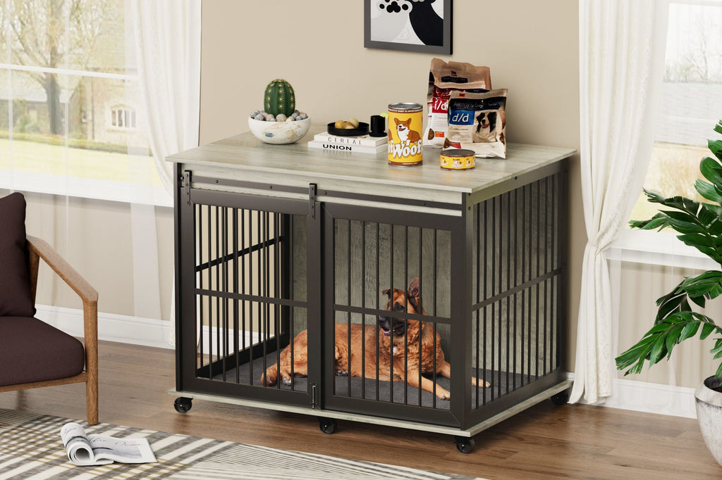 Furniture dog crate sliding iron door dog crate with mat. (Rustic Brown,43.7''W x 30''D x 33.7''H). - petspots