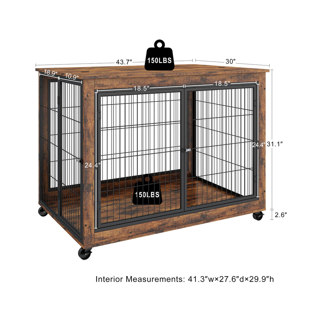 Furniture Style Dog Crate Side Table on Wheels with Double Doors and Lift Top - petspots