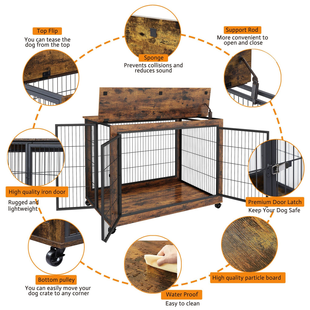 Furniture Style Dog Crate Side Table on Wheels with Double Doors and Lift Top - petspots