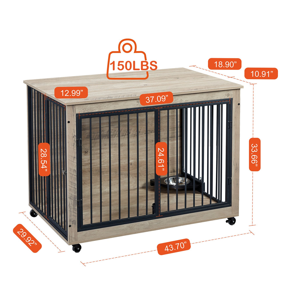 Furniture Style Dog Crate Side Table With Rotatable Feeding Bowl, Wheels, Three Doors, Flip-Up Top Opening. Indoor, Grey, 43.7"W x 30"D x 33.7"H - petspots