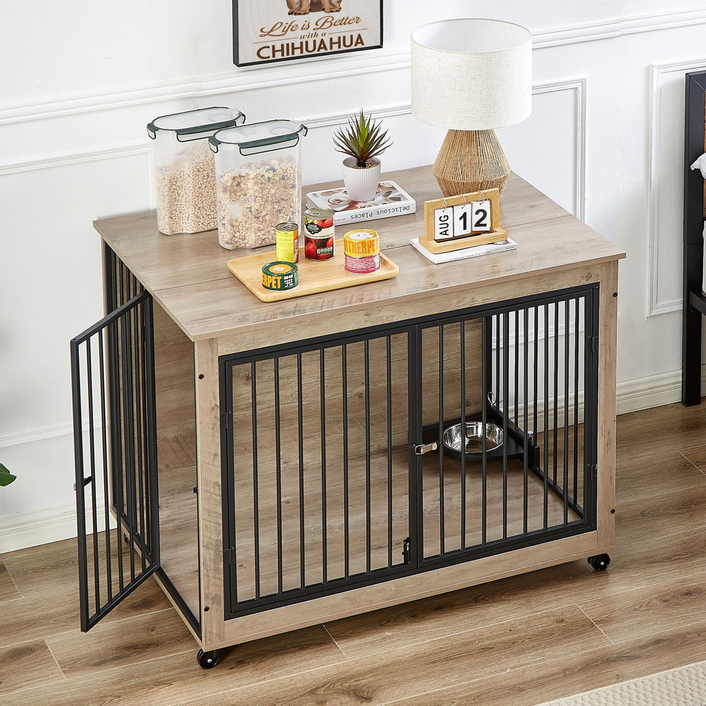 Furniture Style Dog Crate Side Table With Rotatable Feeding Bowl, Wheels, Three Doors, Flip-Up Top Opening. Indoor, Grey, 43.7"W x 30"D x 33.7"H - petspots