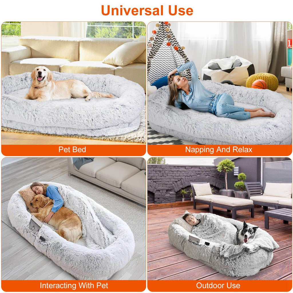 Human Size Dog Bed with Pillow Blanket 72.83x47.24x11.81in Bean Bag Bed Washable Removable Flurry Plush Cover Large Napping Human-Sized Bed For Adults Kids Pets - petspots