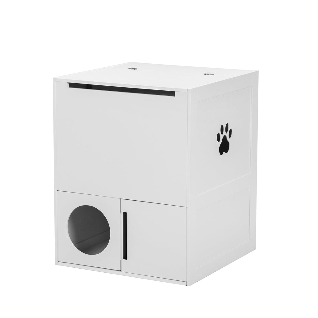 Large Wooden Cat Litter Box Enclosure With Jumping Platform and Fabric Drawer; Indoor Hidden Cat Washroom Furniture; White - petspots
