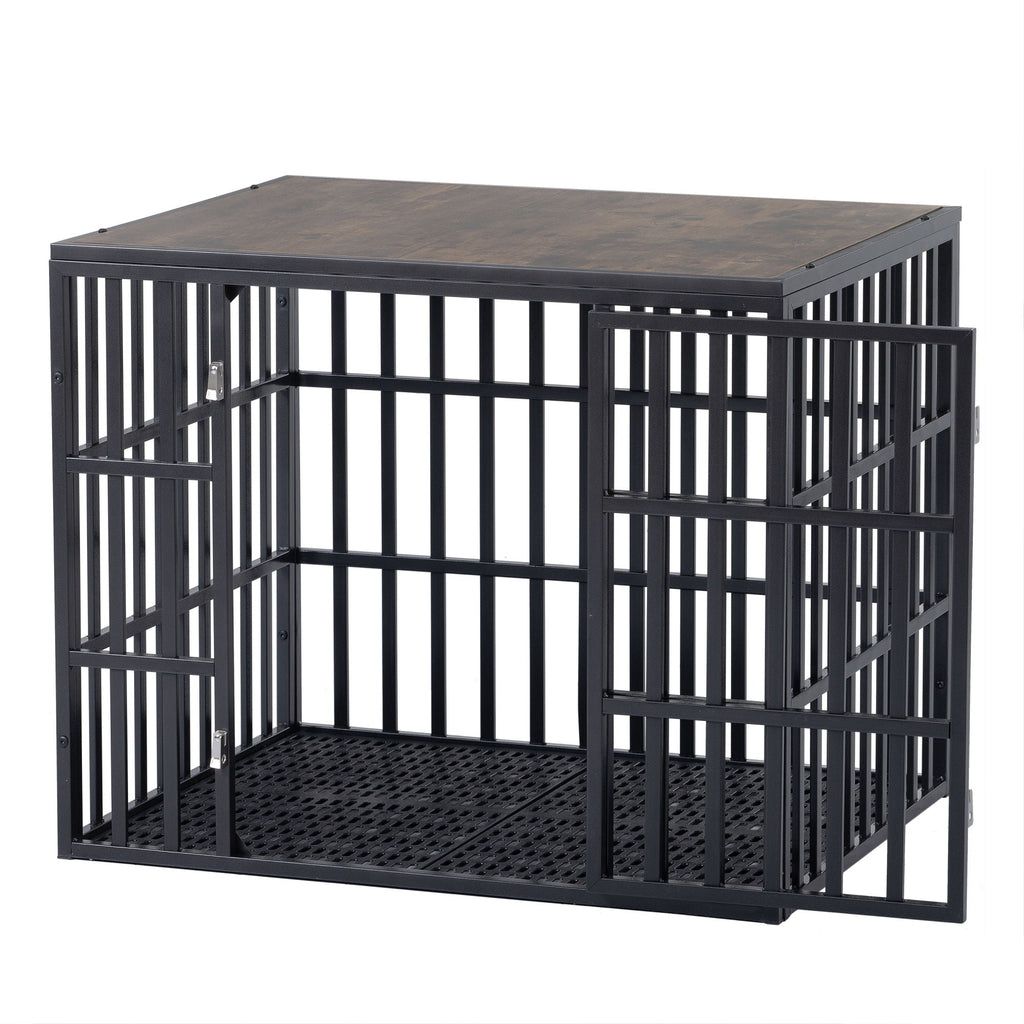NEW HEAVY DUTY DOG CRATE FURNITURE FOR LARGE DOGS WOOD & STEEL DESIGN DOG CAGE INDOOR & OUTDOOR PET KENNEL 38X30X32INCH PET PLAYPEN WITH COVER METAL DOG FENCE CRATE BLACK - petspots