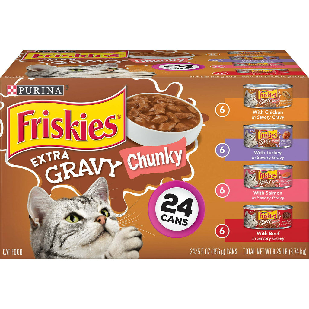 Purina Friskies Extra Gravy Chunky Wet Cat Food Variety Pack, 5.5 oz Cans (24 Pack) - petspots