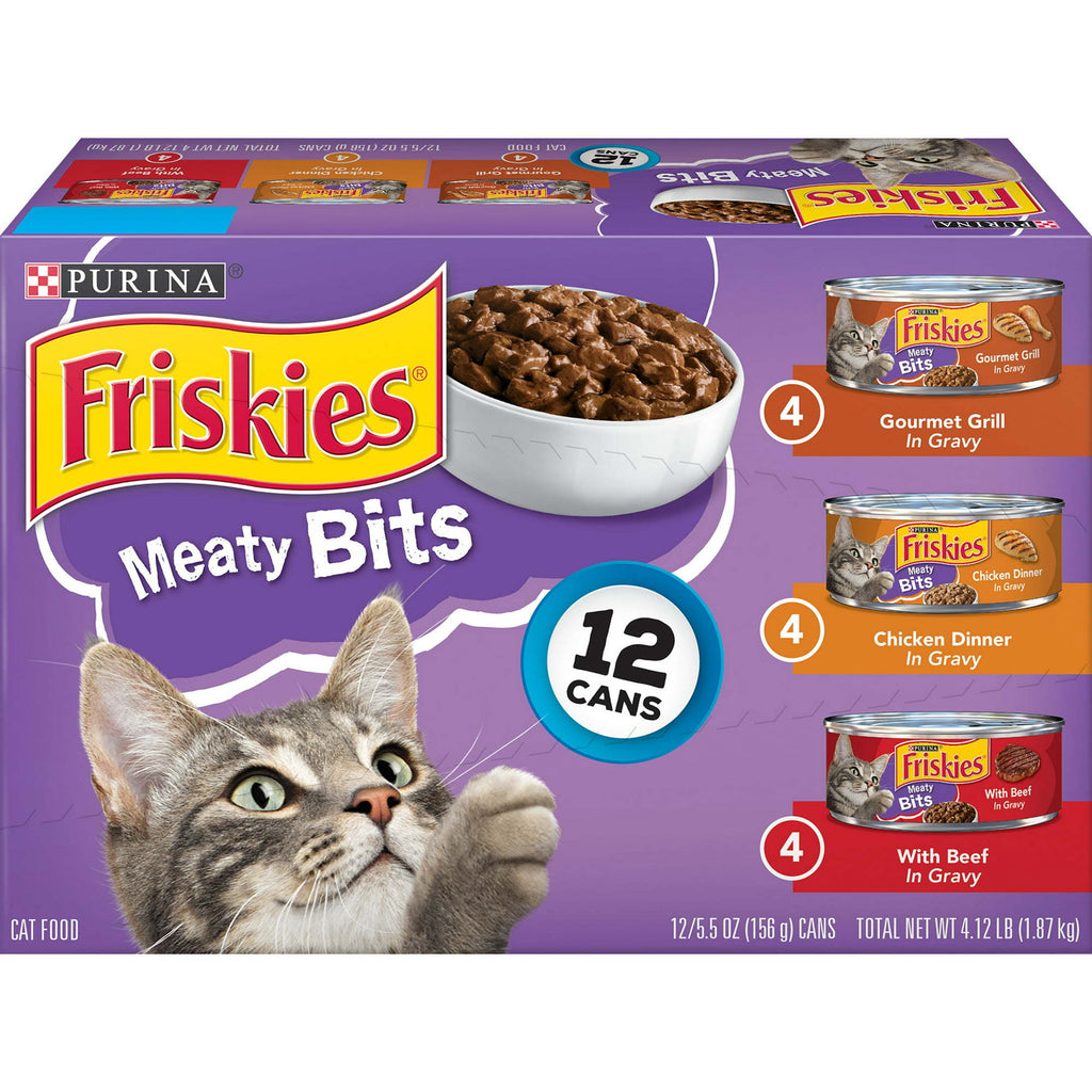 Purina Friskies Meaty Bits Wet Cat Food Variety Pack, 5.5 oz Cans (12 Pack) - petspots