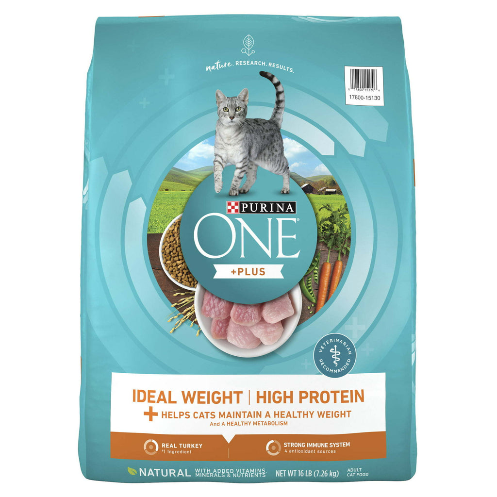Purina One +Plus Ideal Weight High Protein Dry Cat Food Turkey, 16 lb Bag - petspots