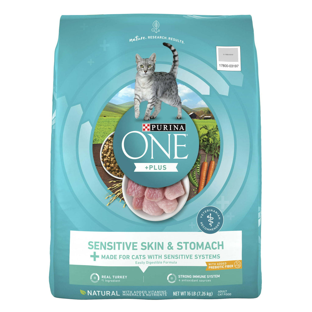 Purina One +Plus Sensitive Skin and Stomach Dry Cat Food Turkey, 16 lb Bag - petspots