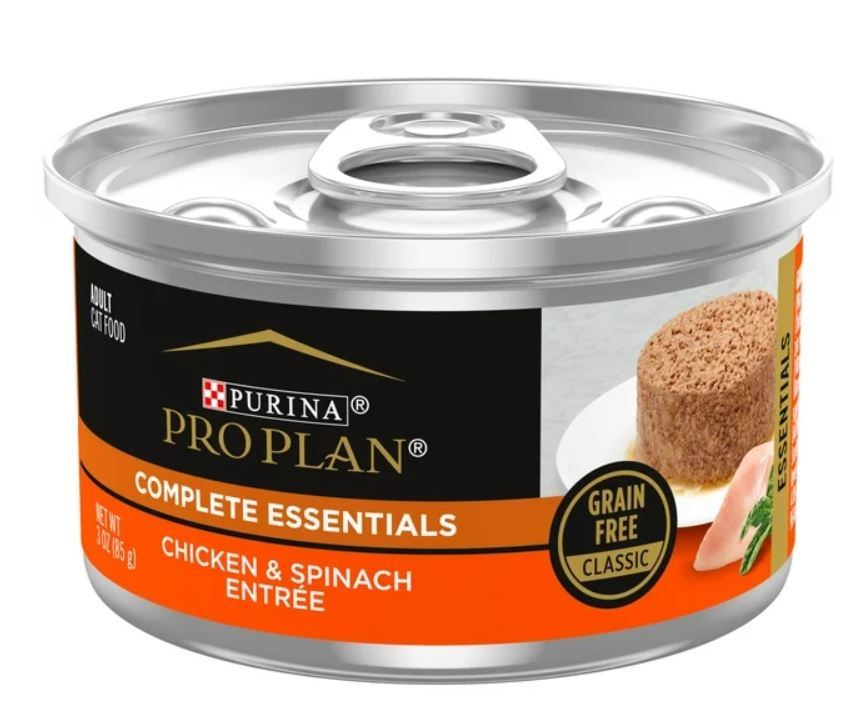 Purina Pro Plan Chicken and Spinach Entree Wet Cat Food, Grain-Free, 3 oz Cans (24 Pack) - petspots