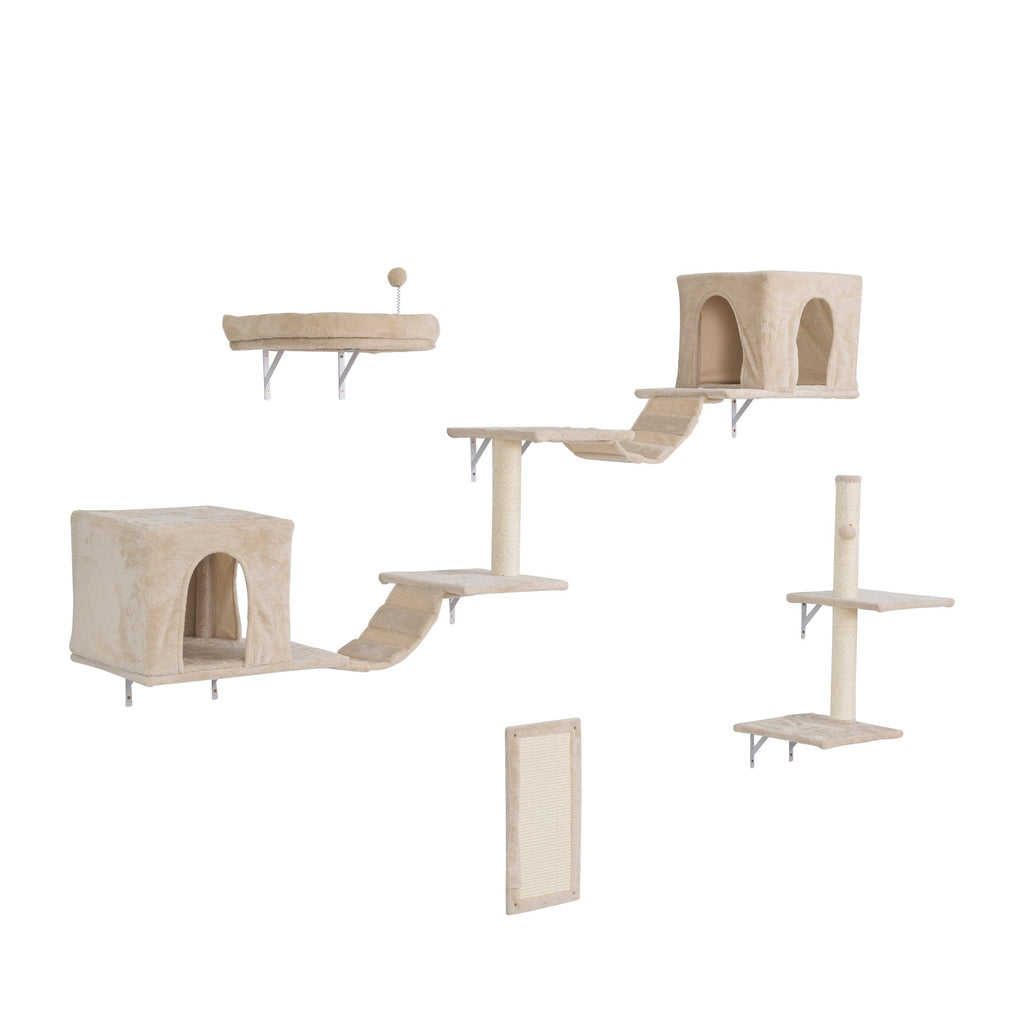 Wall-mounted Cat Tree, Cat Furniture with 2 Cat Condos House, 3 Cat Wall Shelves, 2 Ladder, 1 Cat Perch, Sisal Cat Scratching Posts and Pad - petspots