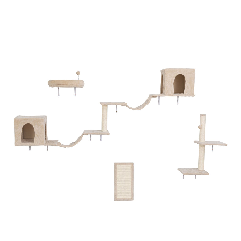 Wall-mounted Cat Tree, Cat Furniture with 2 Cat Condos House, 3 Cat Wall Shelves, 2 Ladder, 1 Cat Perch, Sisal Cat Scratching Posts and Pad - petspots