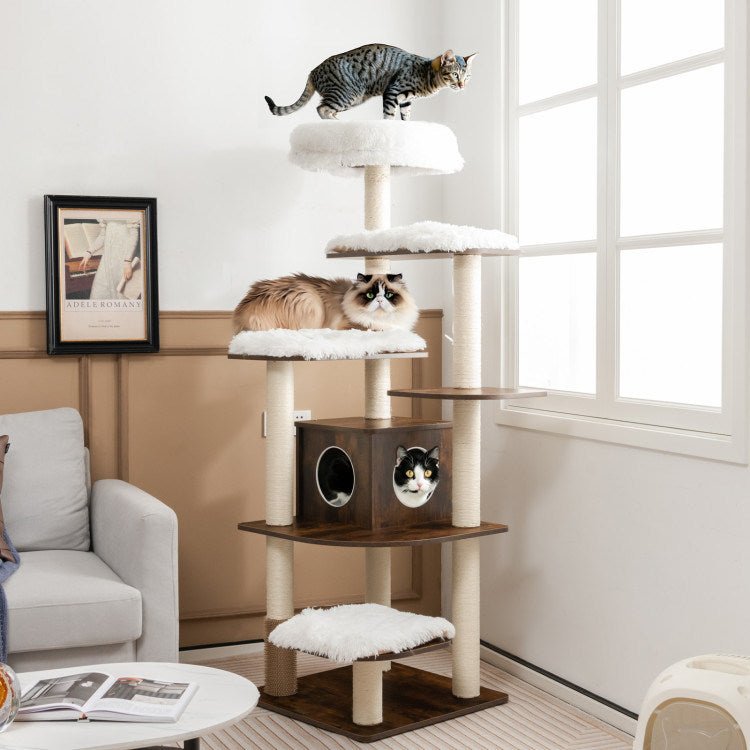 Wood Multi-Layer Platform Cat Tree with Scratch Resistant Rope - petspots