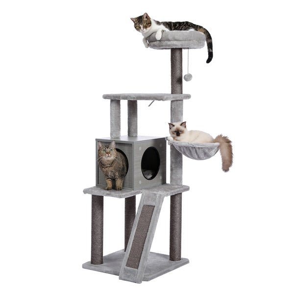 Wooden Cat Tree 4 Levels Platform for Large Cats Featuring with Fully Scratching Posts; Hammock; Padded Perch and Dangling Ball - petspots