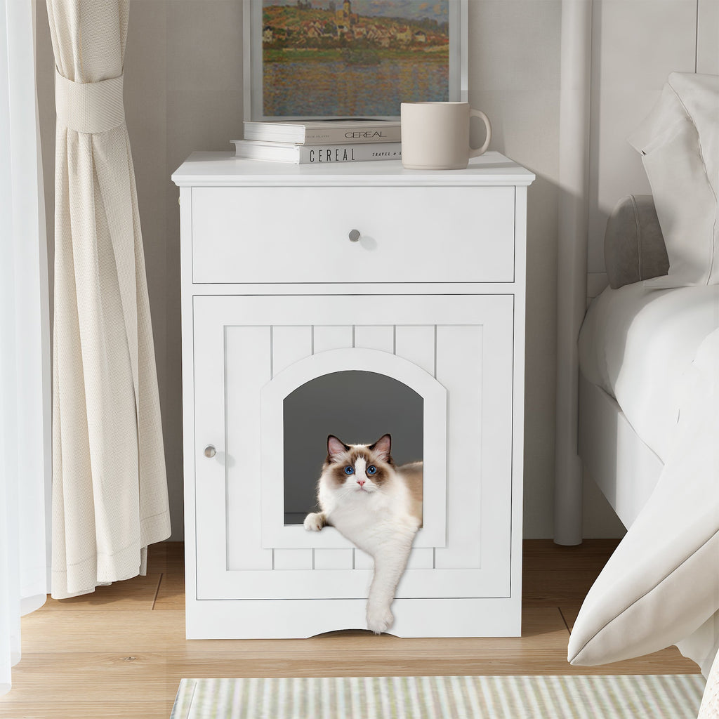 Wooden Pet House Cat Litter Box Enclosure with Drawer, Side Table, Indoor Pet Crate, Cat Home Nightstand (White) - petspots
